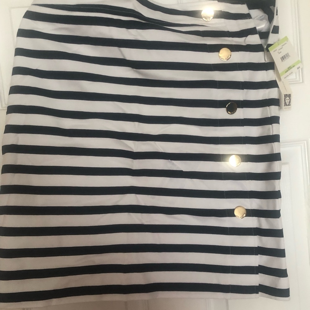 Anne Klein Navy and White Striped Mini Skirt with Gold Buttons